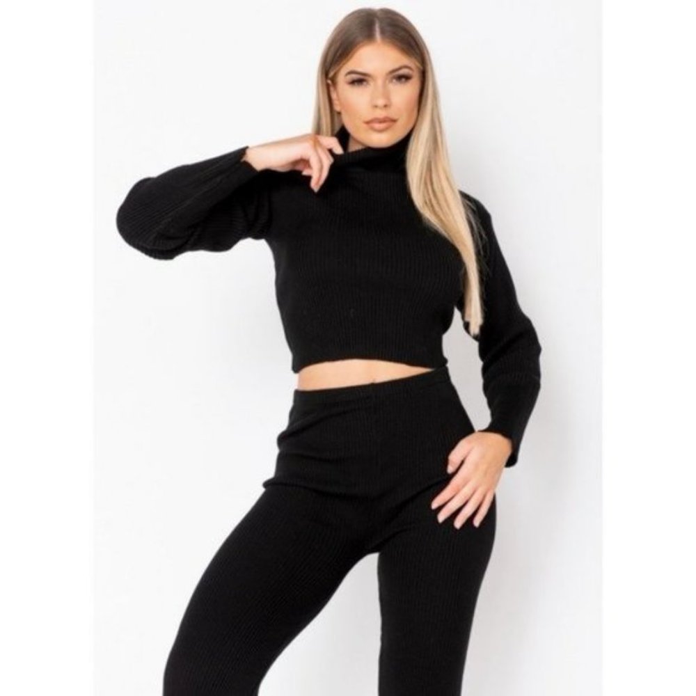 Black Knitted Long Sleeve Turtle Neck Crop Top and Pants Two Piece Set - Picture 4 of 15